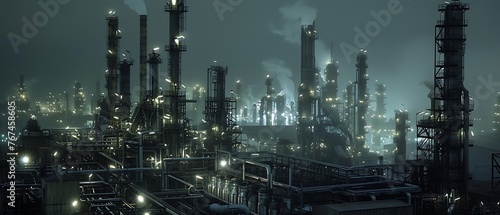 A large oil refinery production plant illuminated at night, industrial landscape, sustainable architecture, energy management, towering structures & intricate machinery in twilight sky. photo
