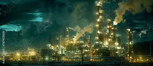 A large oil refinery production plant illuminated at night, industrial landscape, sustainable architecture, energy management, towering structures & intricate machinery in twilight sky. © Copper