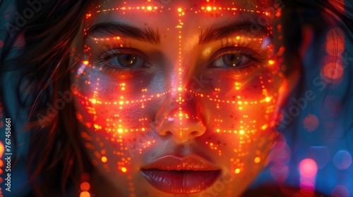 Future Vision: Portrait of Woman with Red Lights from Futuristic Face Scan
