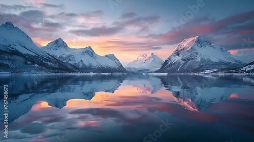 Majestic fjords in Norway, with snow-capped mountains reflecting on calm waters at sunrise. beautiful landscape, mountains with reflections and mirroring in the water.