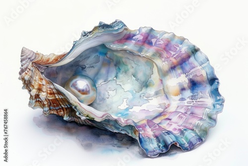 A painting of a shell with a pearl in it, watercolor illustration © Friedbert