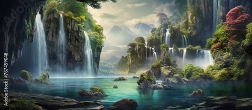 A majestic waterfall flows through a lush green forest, surrounded by towering mountains and trees under a clear blue sky