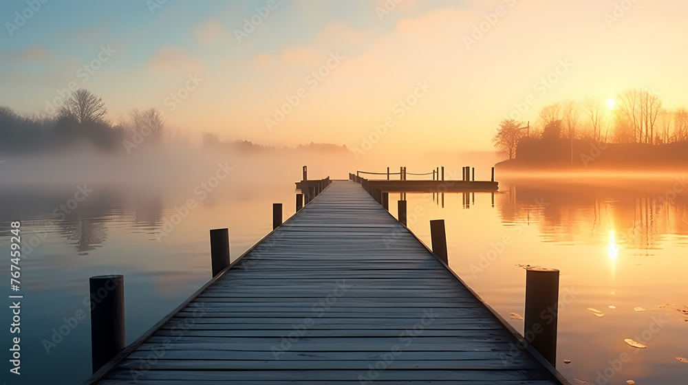 Fototapeta premium Wooden pier on the lake at dawn