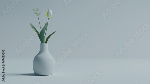  a white vase with a flower in it sitting on a white surface with a light gray wall in the background.