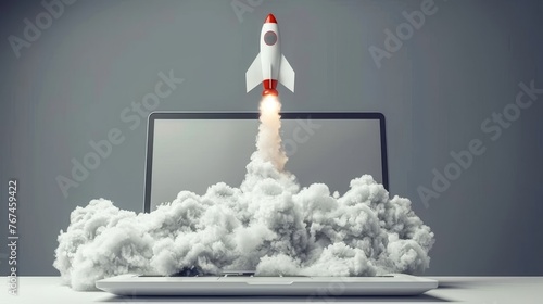 Laptop launches rocket, symbolizing startup success with dramatic smoke trail in business takeoff