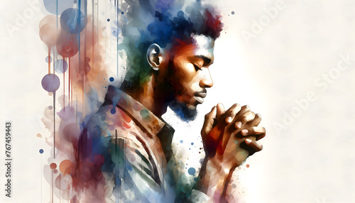 abstract illustration of a handsome young African american black man praying with his hands clasped - white background - watercolor strokes