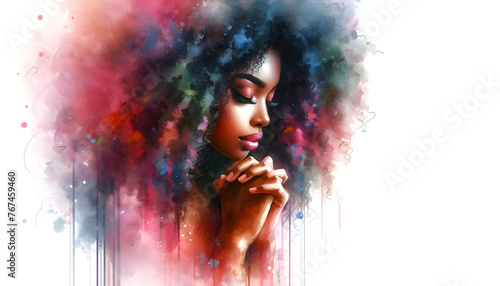 abstract illustration of a stunningly pretty young African american black woman praying with her hands clasped - profile side view - white background - watercolor strokes