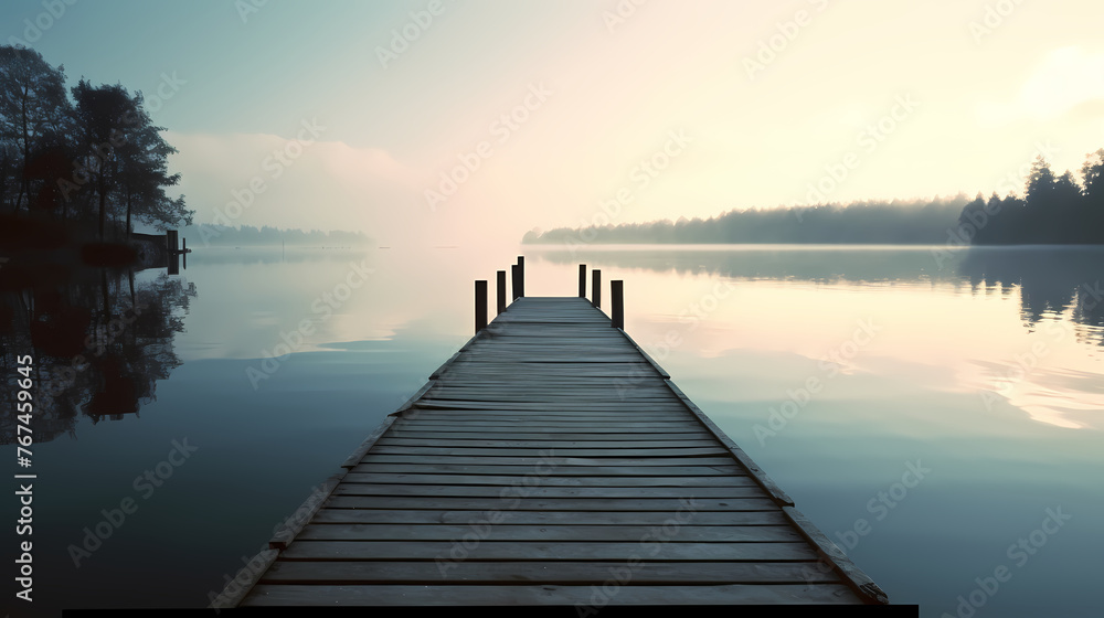 Wooden pier on the lake at dawn - obrazy, fototapety, plakaty 
