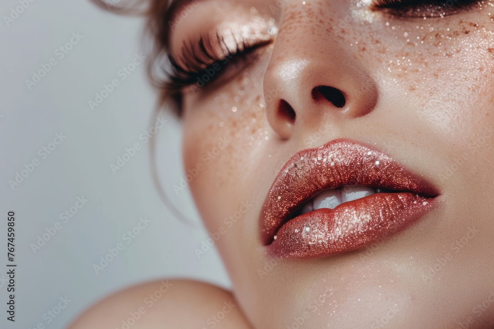 Fototapeta premium Beautiful woman's face with perfect art makeup with glitter. Generative AI