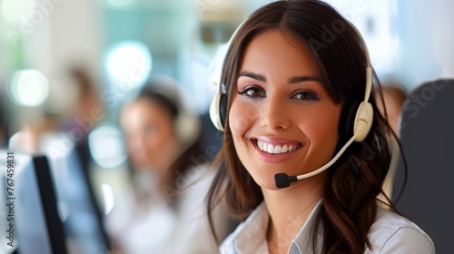 a woman wearing a headset smiles
