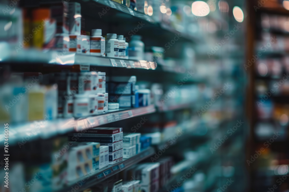 Blurred shelves of drugs in the pharmacy store. Generative AI