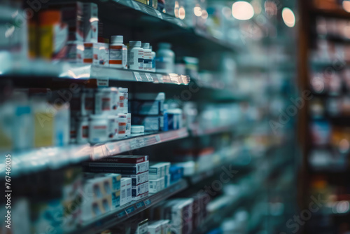 Blurred shelves of drugs in the pharmacy store. Generative AI