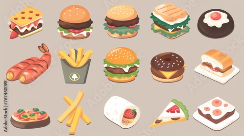 a variety of food items are arranged in a flat style on a light background