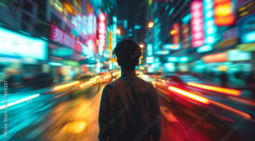 a man is walking down a city street at night time