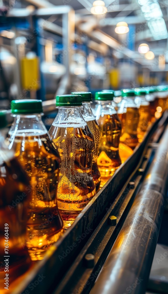 Fruit juice beverage production line at drink factory on conveyor belt for efficient manufacturing
