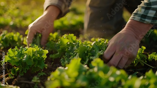 Harvesting fresh lettuce from the land by hand, close up.