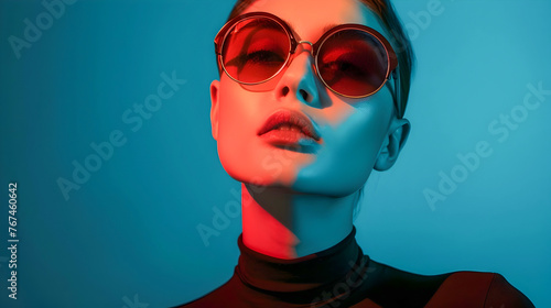 Fashion Model with Red Sunglasses in Front of Blue Background