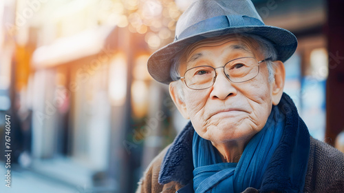 Older Asian Man on a Street Corner in Japanese-Inspired Imagery