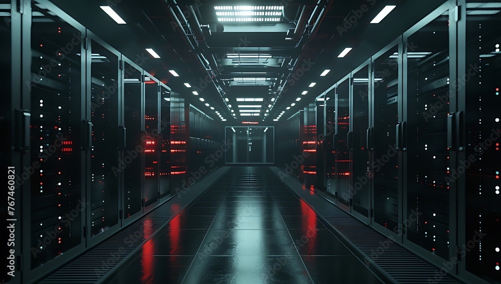 High-tech advanced Data center illuminated with rows of glowing servers, cyber security data center environment, 3d rendering. 