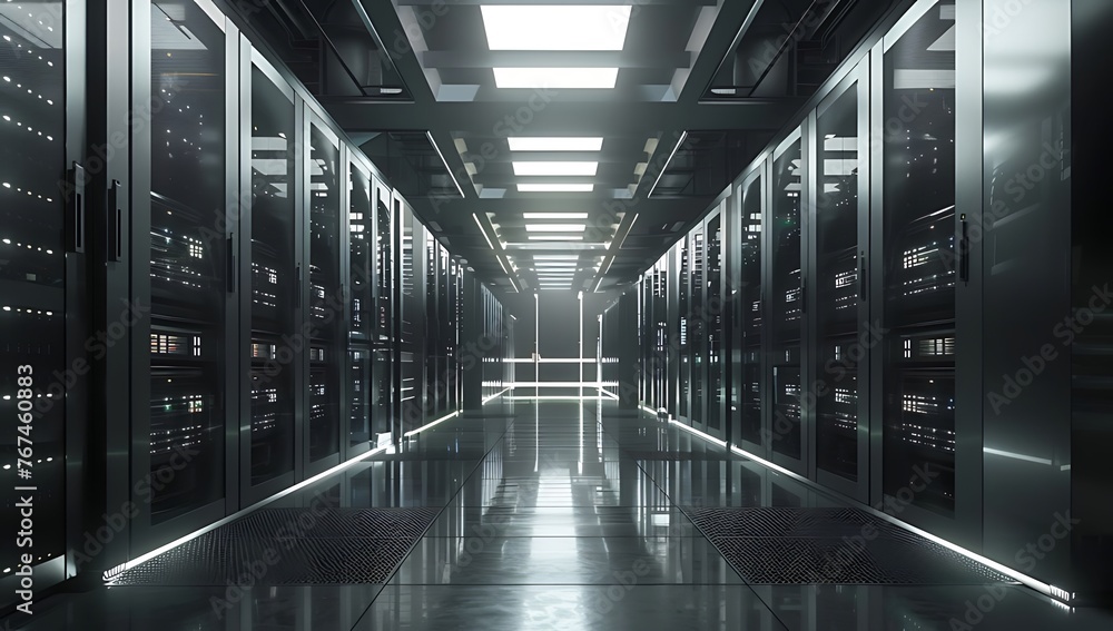 High-tech advanced Data center illuminated with rows of glowing servers, cyber security data center environment, 3d rendering. High-tech advanced Data center illuminated with rows of glowing servers, cyber security data center environment, 3d rendering.