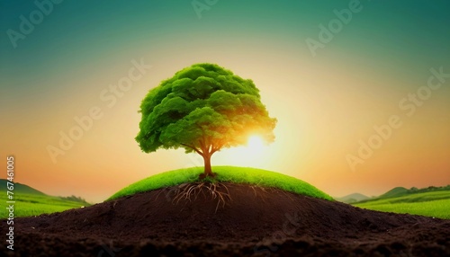 Panorama small tree growing with sunrise. green world and earth day concept created with generative ai