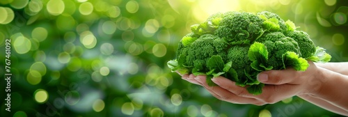 Hand holding fresh broccoli floret on blurred background with space for text placement