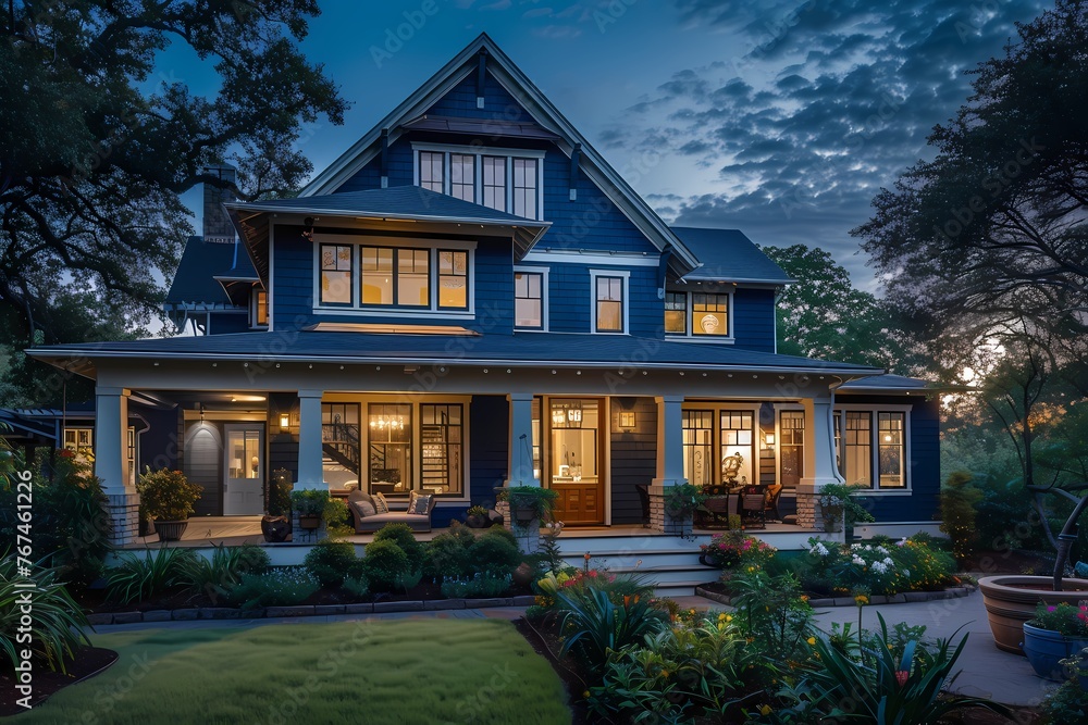 A bold craftsman-style home facade bathed in deep navy blue, mirroring the tranquility of the evening sky.