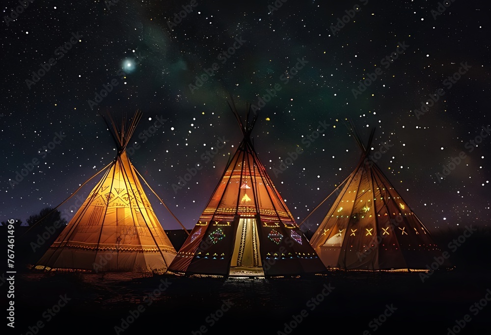 Illuminated Native American Teepees under glowing night sky.