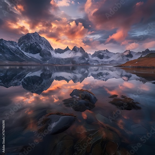 Scenery snow capped mountain landscape with the beautiful sunrise in Lofoten, Norway. Mountains reflecting in calm waters at sunrise, snowing tranquil water scene, breathtaking view.