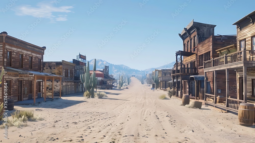 Old Western Ghost town with wooden buildings and dusty streets, saloon and huge cactus, desert background. Clear blue sky. Daytime. Empty street in an old wild west town, during the sunny day. 