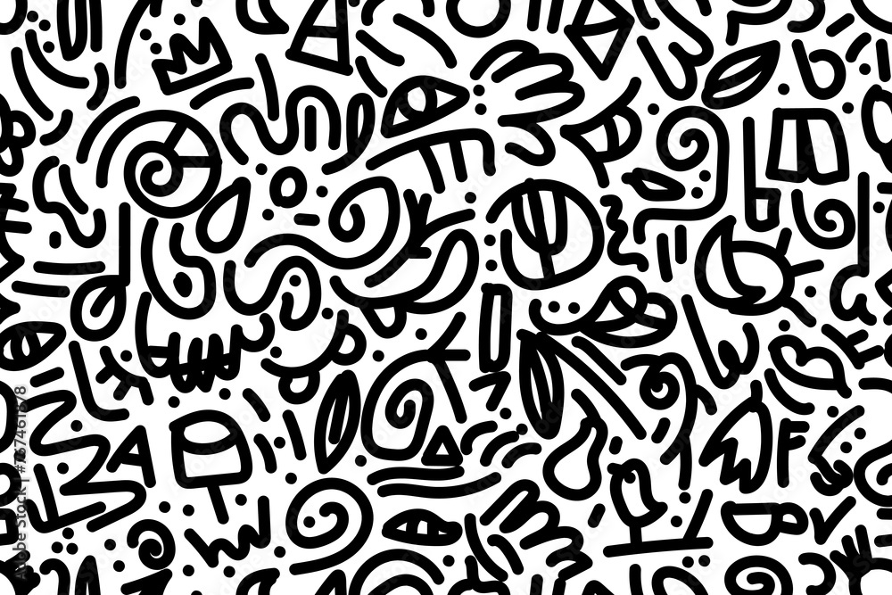 interesting doodle art, black and white outlines. Seamless vector pattern for design and decoration.