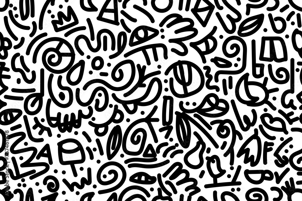 interesting doodle art, black and white outlines. Seamless vector pattern for design and decoration. interesting doodle art, black and white outlines. Seamless vector pattern for design and decoration.