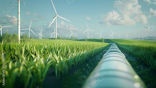 A hydrogen pipeline with wind turbines in the background. Green hydrogen gas production concept. Sustainable green energy. Eco-friendly environment natural gas production. photo
