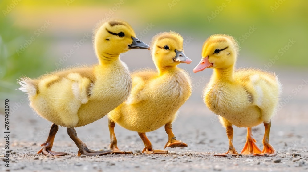 Charming baby ducklings happily waddling around a mesmerizing and captivating pond