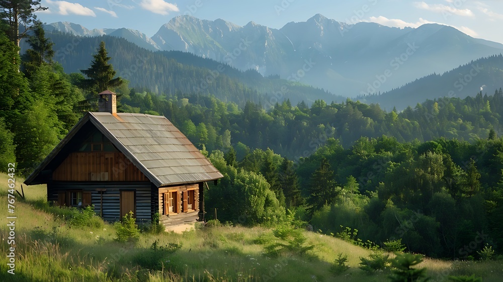 Cabin house in the mountains. A small cozy cabin with brown shingle wood gable roof, in a dense green forest high up mountains. Rustic cabin, Outdoor adventure, Idyllic mountain getaway.