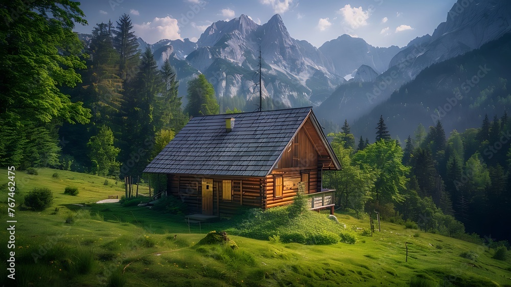 Rustic wooden cabin house in the mountains: A small cozy cabin in a dense green forest with high mountains. Nature retreat, Rustic cabin, Outdoor adventure. Idyllic mountain getaway, wilderness escape