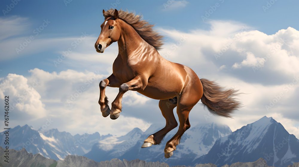 thoroughbred muscular horse gallops against the backdrop of the mountains. mammal. biology and fauna thoroughbred muscular horse gallops against the backdrop of the mountains. mammal. biology and fauna