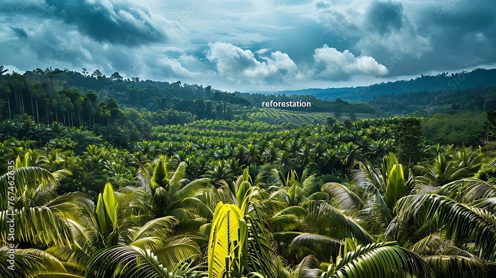 Fototapeta premium Reforestation & Palm Plantation: Environmental conservation, sustainable practices. Tree planting, biodiversity restoration, eco-friendly. Palm oil industry, agriculture, tropical farming, green earth
