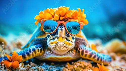 Fashionable Turtle: Underwater Adventure with Sunglasses and Flower Hat