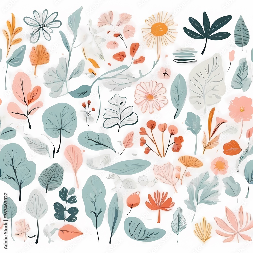 A collection of seamless pattern, colorful abstract plants and flowers. Hand drawn Collection of leaves and flowers. A close up of a pattern of flowers and leaves.
A collection of seamless pattern, colorful abstract plants and flowers. Hand drawn Collection of leaves and flowers. A close up of a pattern of flowers and leaves.