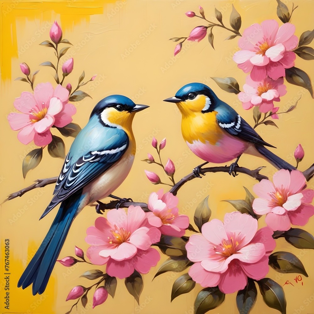 Illustration of two blue birds sitting in pink blossoms on yellow background.