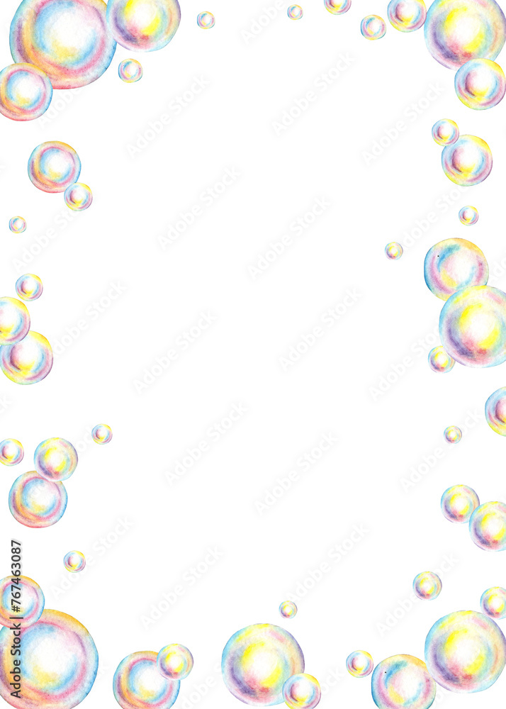 Watercolor illustration of a rectangular frame with colorful soap bubbles. Symbol of summer fun, swimming, carnival, bubble party. Compositions for posters, cards, banners, flyers, covers.