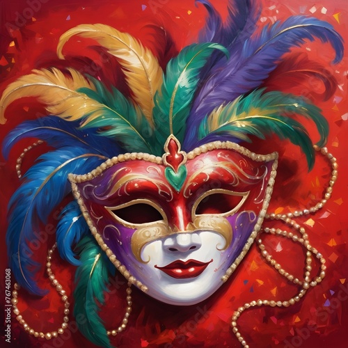 Illustration of colorful carnival mask with feathers on red background.