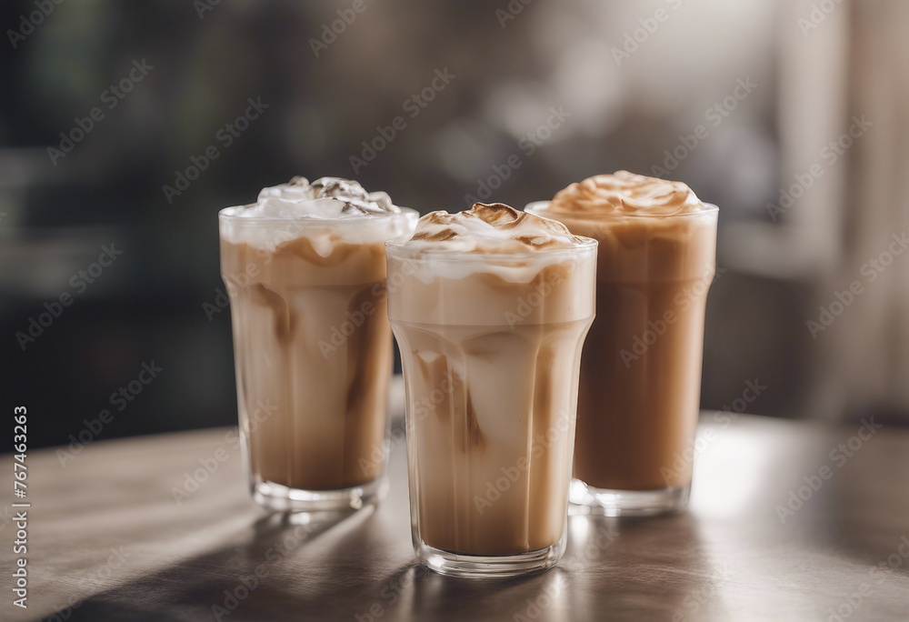 Three iced latte coffees with cream on table in cafe Three iced latte coffees with cream on table in cafe
