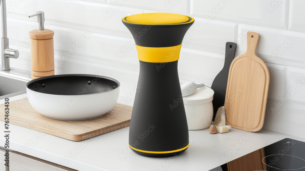 a black and yellow vase sitting on top of a counter next to a frying pan and a cutting board. a black and yellow vase sitting on top of a counter next to a frying pan and a cutting board.
