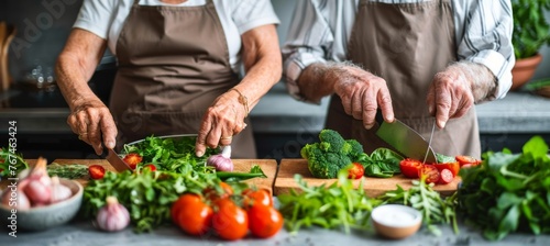 Elderly couple happily prepares colorful salad, man in orange jacket smiles in kitchen