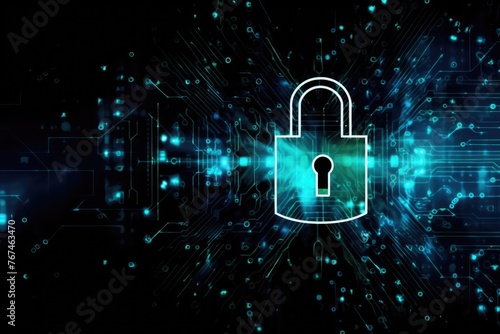 Digital artwork illustrating a cybersecurity concept with a glowing lock symbol and circuit patterns. Cybersecurity Digital Lock Interface Concept