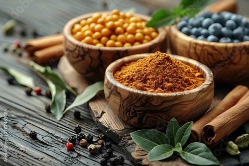 Spices on a wooden background, leaf, black pepper, peas, paprika, turmeric, chilies and cardamom. Seasonings and herbs of world cuisines photo