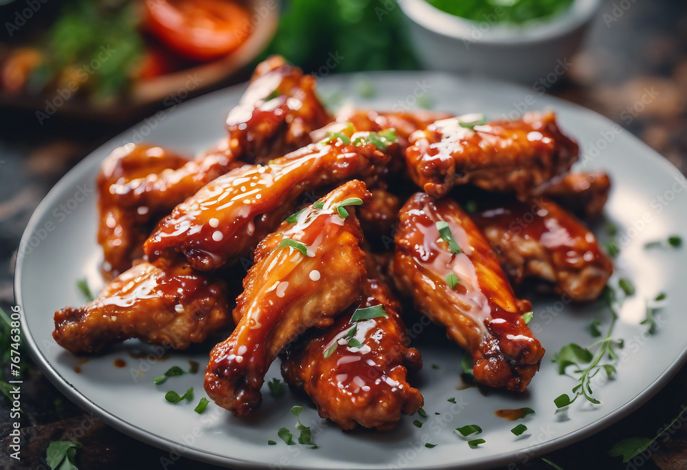 Chicken wings with sauce on white ceramic plate Chicken wings with sauce on white ceramic plate