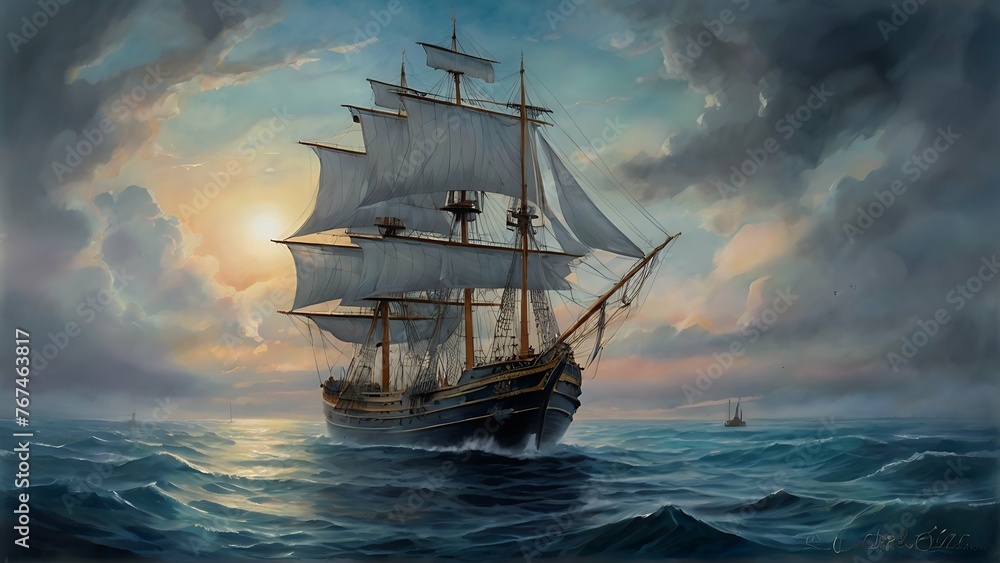 Fototapeta premium An elusive ornamental temporal trawler drifts through a dreamlike watercolor seascape, its intricate details standing out vividly against the soft, ethereal background. The main subject is a fantastic